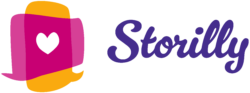 Storilly logo featuring two colorful speech bubbles converging with a heart in the overlapping section, positioned to the left of the 'Storilly' text written in an elegant script.