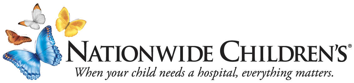 Nationwide Children's Hospital logo with the hospital's name written in black, with the tagline "When your child needs a hospital, everything matters" below and four colorful butterflies to the left. 