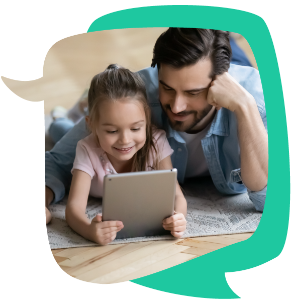 A father and daughter lie on a soft space-themed rug, engrossed in a shared story as they read from a tablet together. The cozy scene captures their close bond, with the glow of the tablet illuminating their joyful expressions.